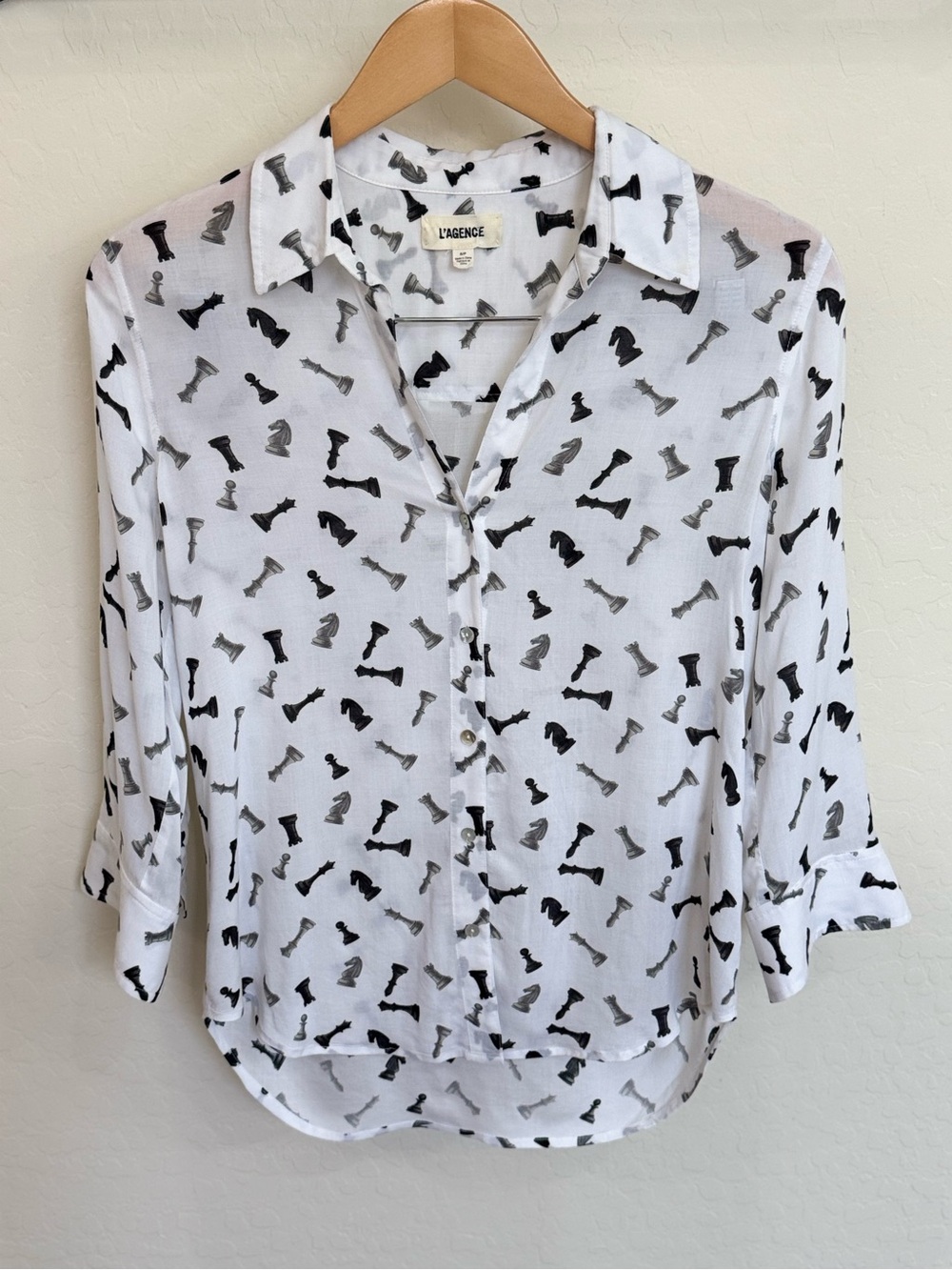 L'Agence Camille Chess Piece Print Button Up Blouse White S